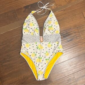 Juicy Couture Lemon Print Halter One Piece Swimsuit Polka Dot XL